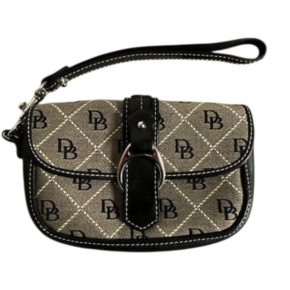 DOONEY & BOURKE Black Leather & Canvas DB Signature Logo Wristlet/Bag - Picture 1 of 8